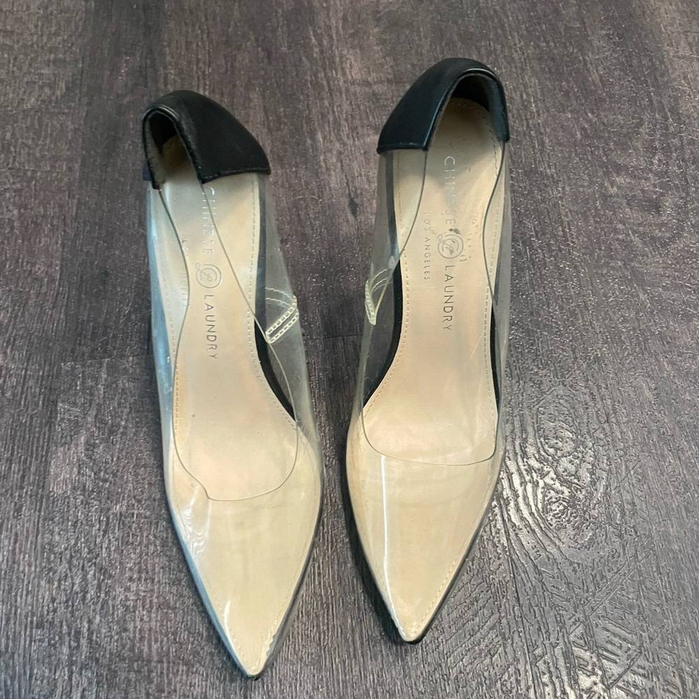 Chinese Laundry Black and Cream Clear pointed toe heels